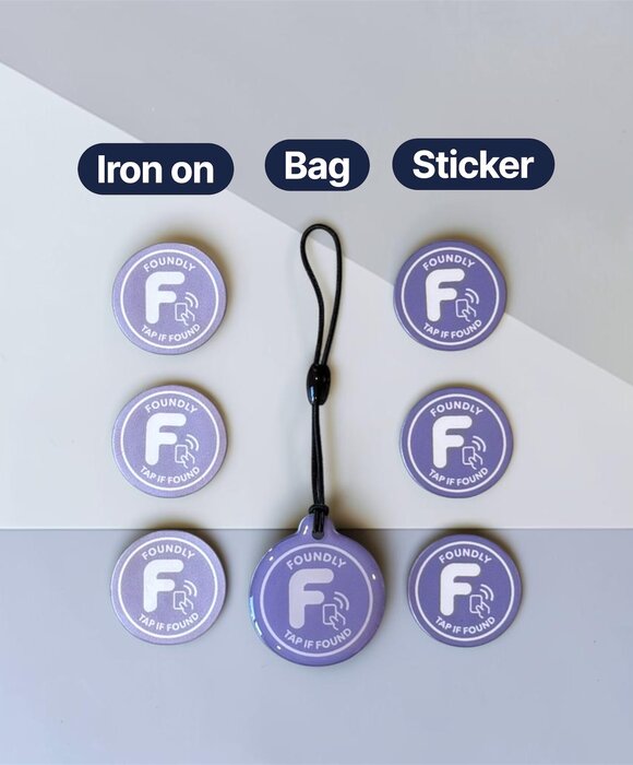 Foundly tag types — Iron on, Bag, Sticker
